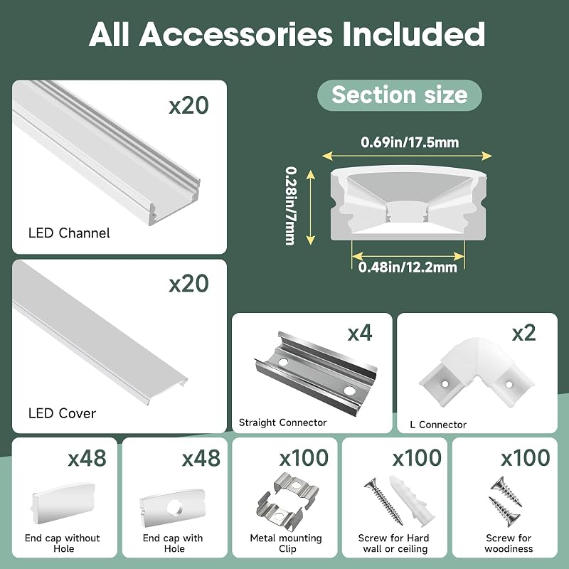 Perfil aluminio LED U 6.6pulg con cubierta lechosa