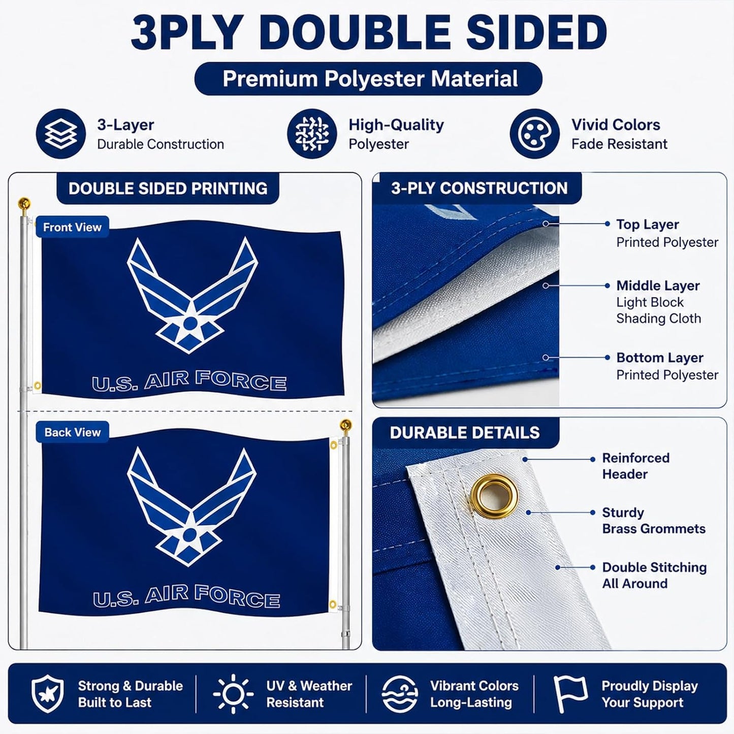 Bandera Fuerza Aérea EE.UU. 2x3 doble cara resistente UV