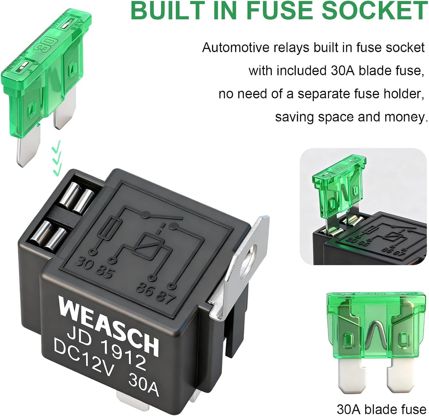 6 Pzas Relé 12V 30A 4 Pines SPST con Cables 14AWG