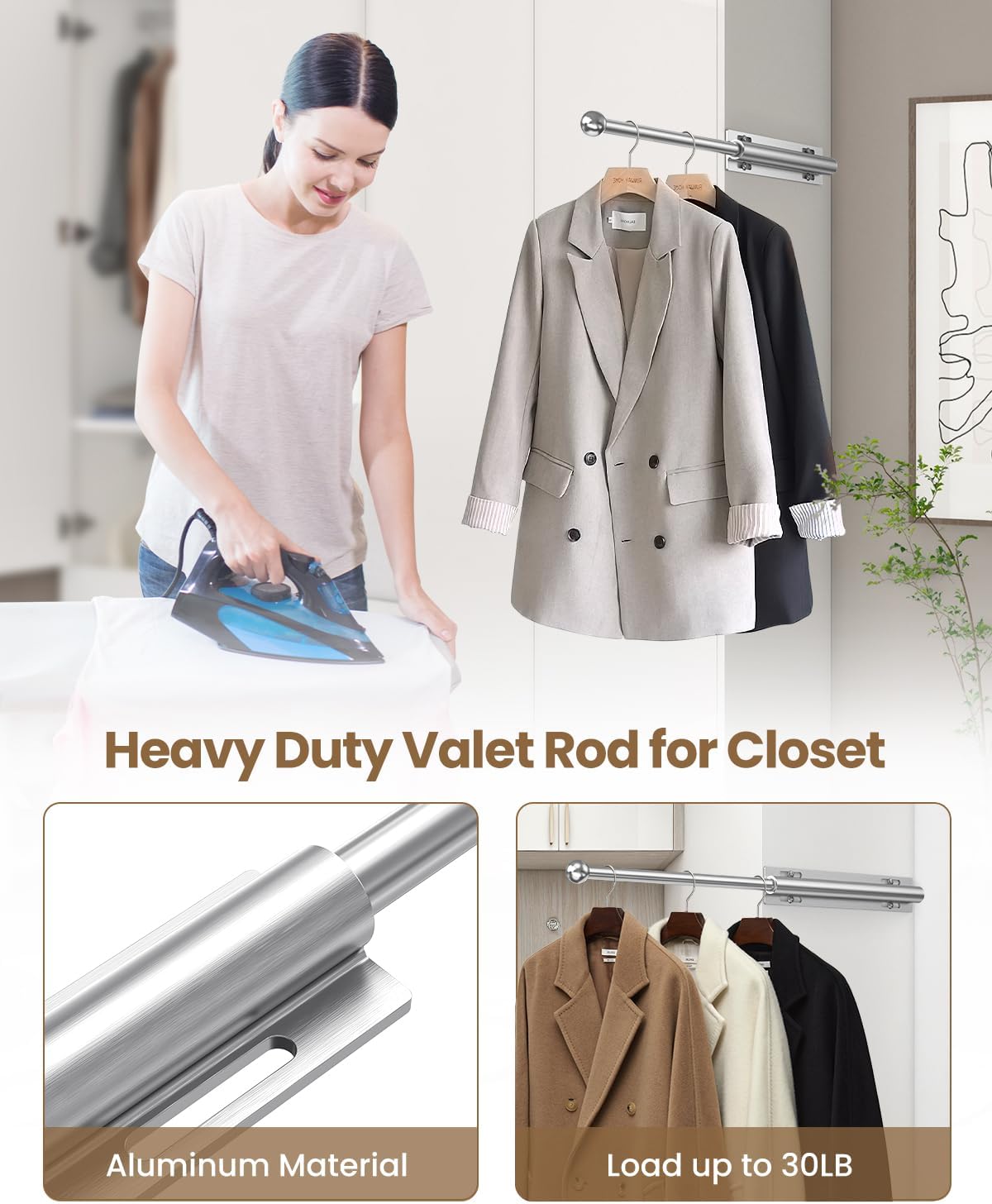 Barra valet retráctil aluminio 12" para armario trajes