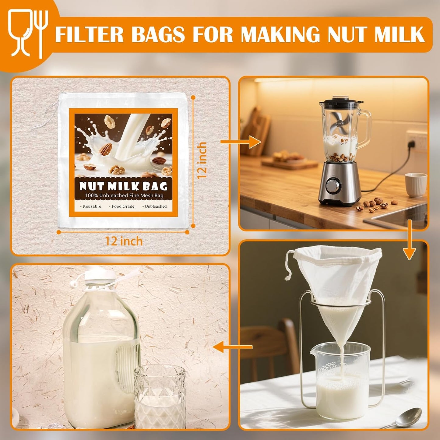 2 Botellas Vidrio 64oz con Bolsa Leche Nueces