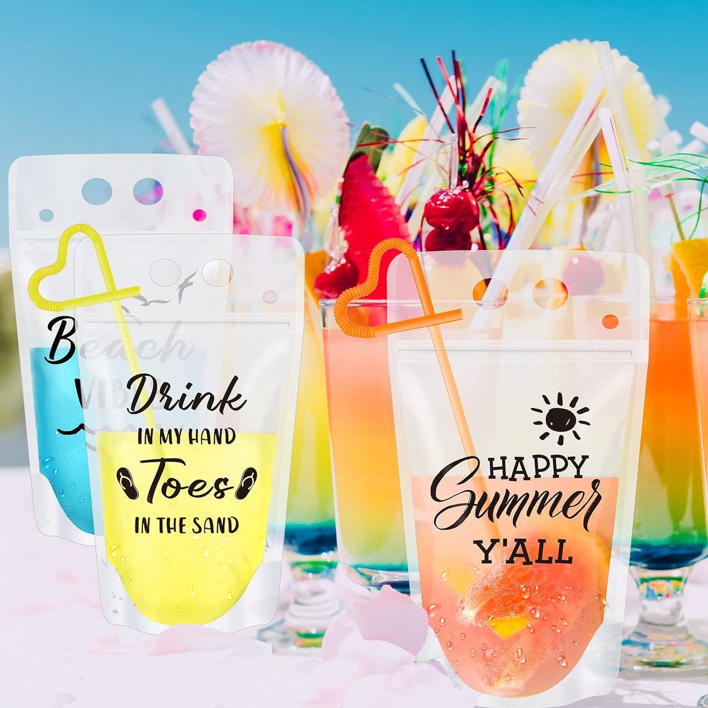 Set 60 bolsas bebidas verano con pajita translúcidas para fiestas