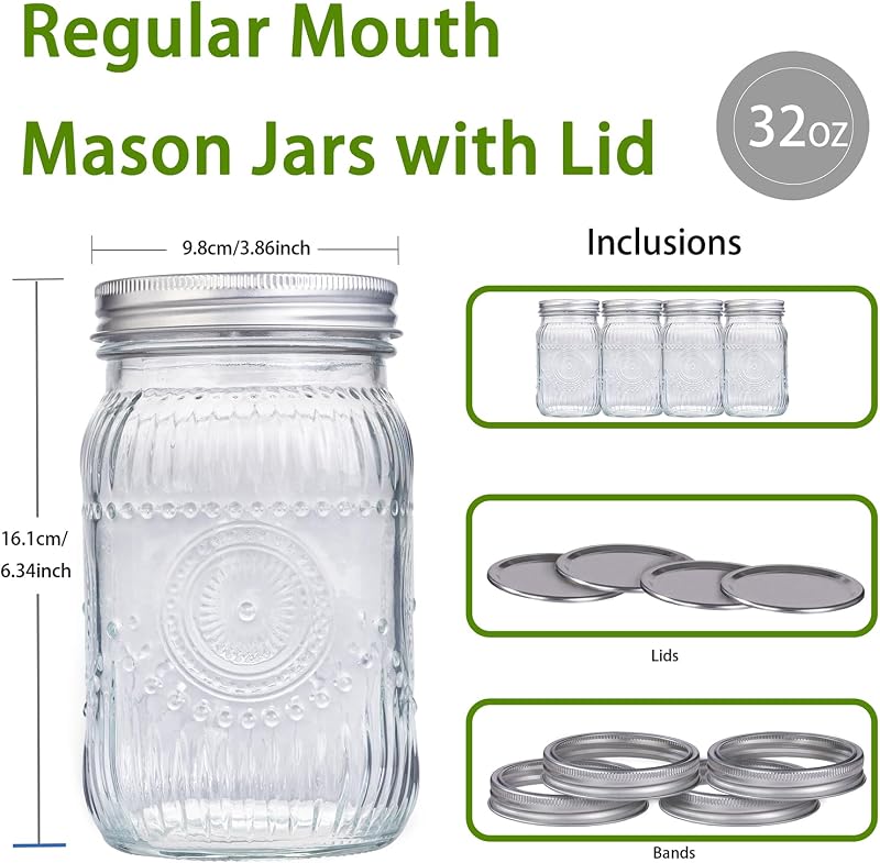 Jarra de Vidrio 32oz Set de 4 Pzas para Cocina y Oficina