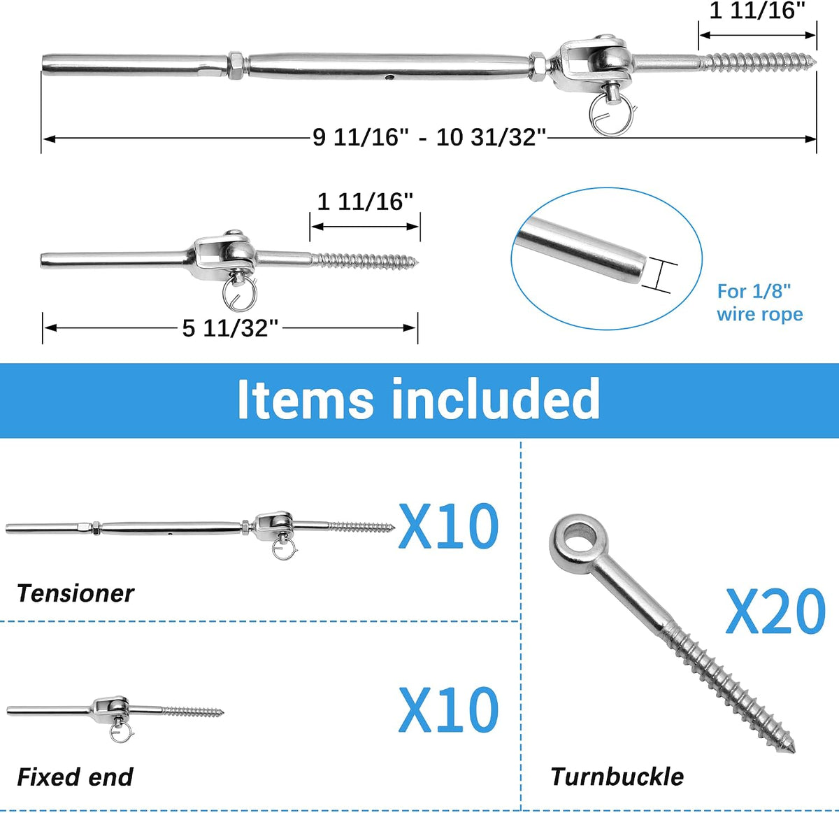 Set 10 accesorios barandilla cable ajustable 180° madera