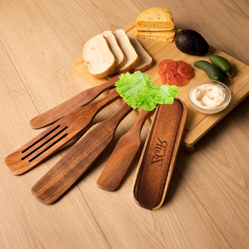 Juego 5 espátulas madera teca no tóxica resistente calor