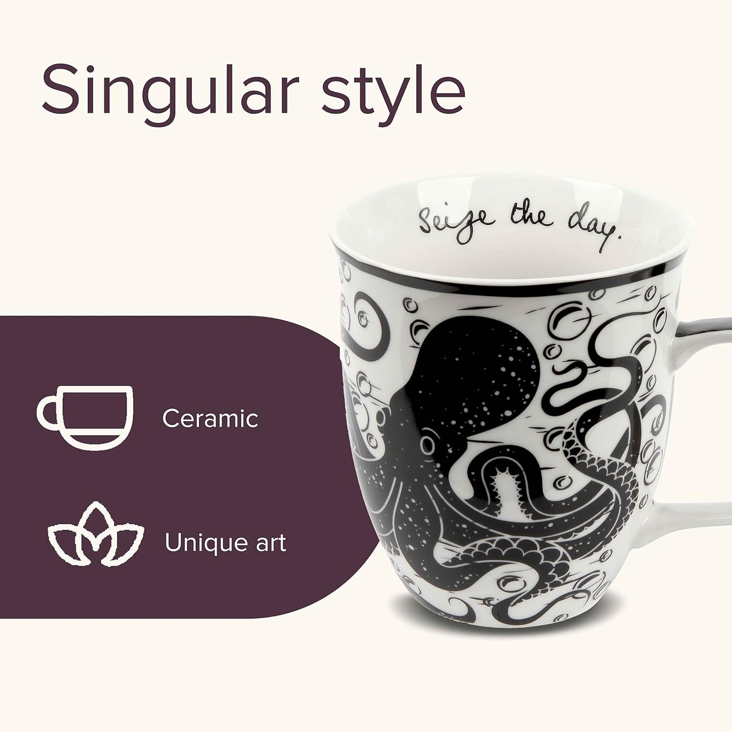 Taza cerámica bohemia 16oz diseño pulpo blanco y negro