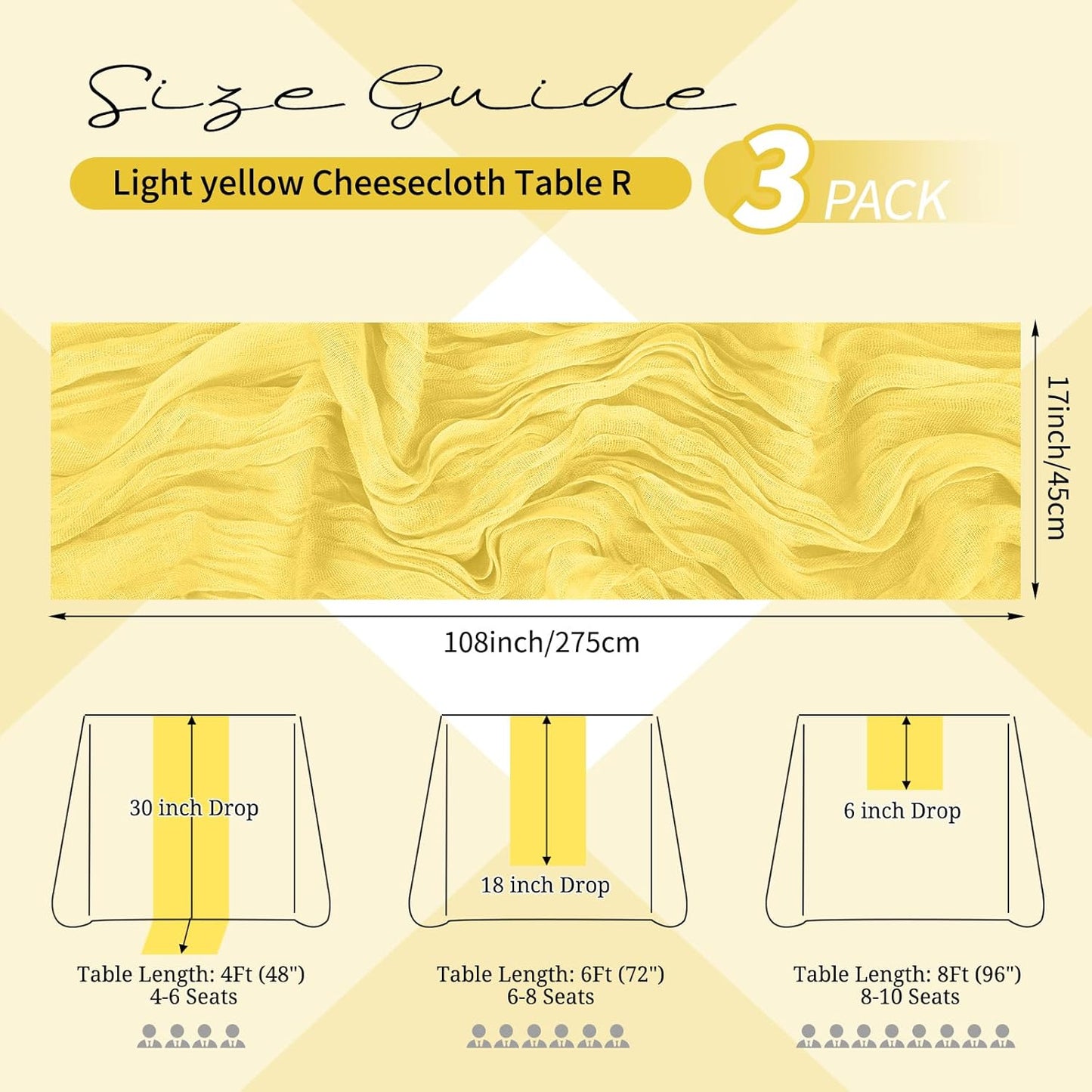 Paquete de 3 caminos de mesa amarillo claro gasa bohemio para bodas y fiestas