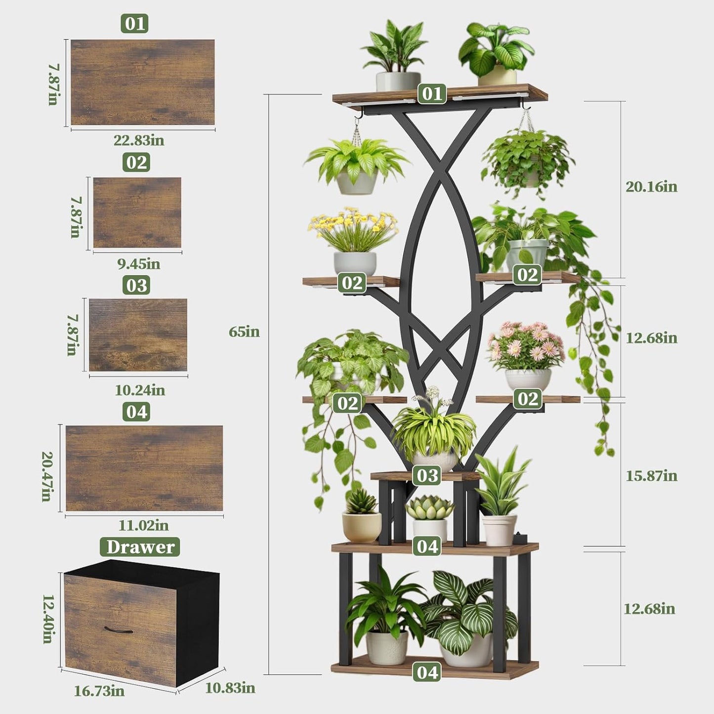 Soporte plantas interior 65pulg 8 niveles luz cultivo cajón