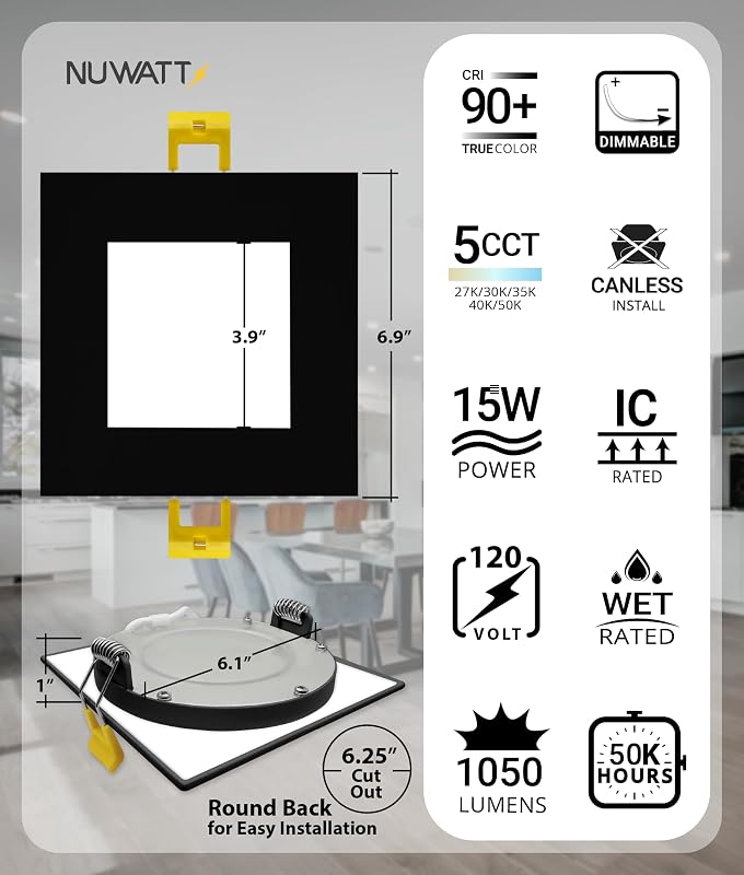 6 Luces LED Empotrables Cuadradas 6pulg Negro