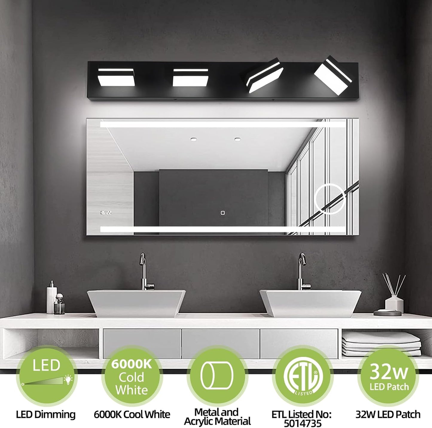 Lámpara baño LED 4 luces negro sobre espejo