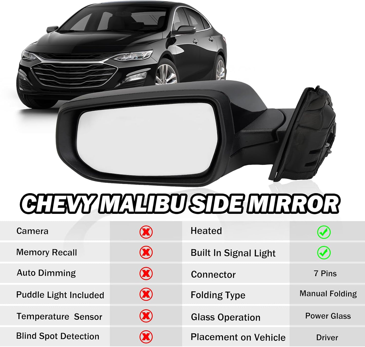 Espejo retrovisor conductor Malibu LT señal giro 7 pines