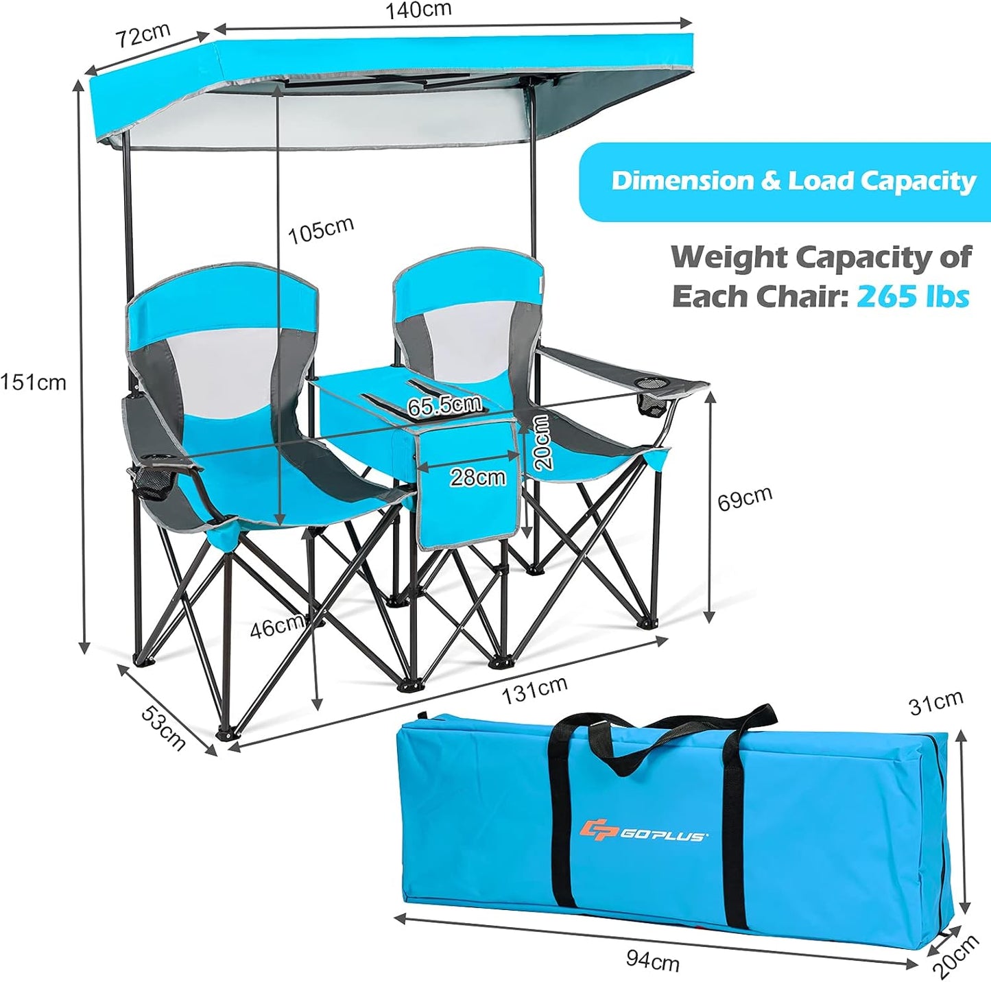 Asiento campamento doble con toldo mesa bebidas silla