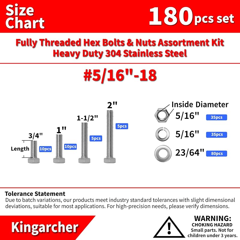 Set 180 Pzas Tuercas y Pernos Acero Inox 304 5/16-18