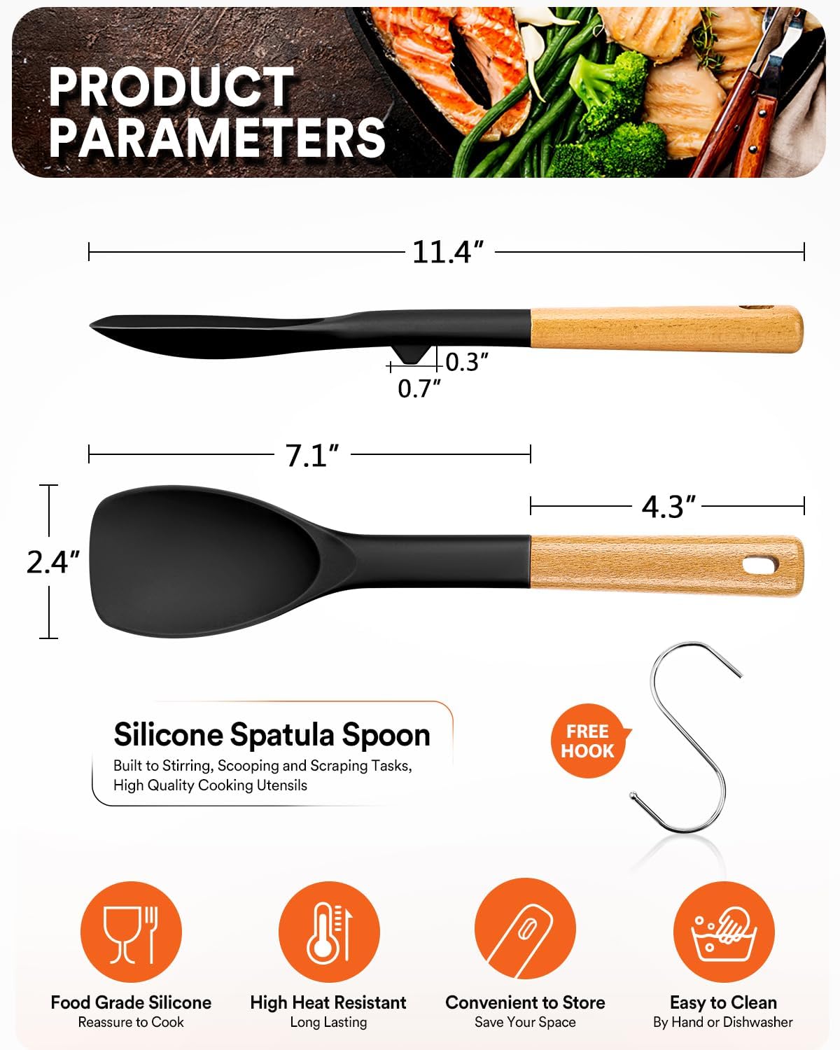 Espátula silicona cuchara mango madera antiadherente negro