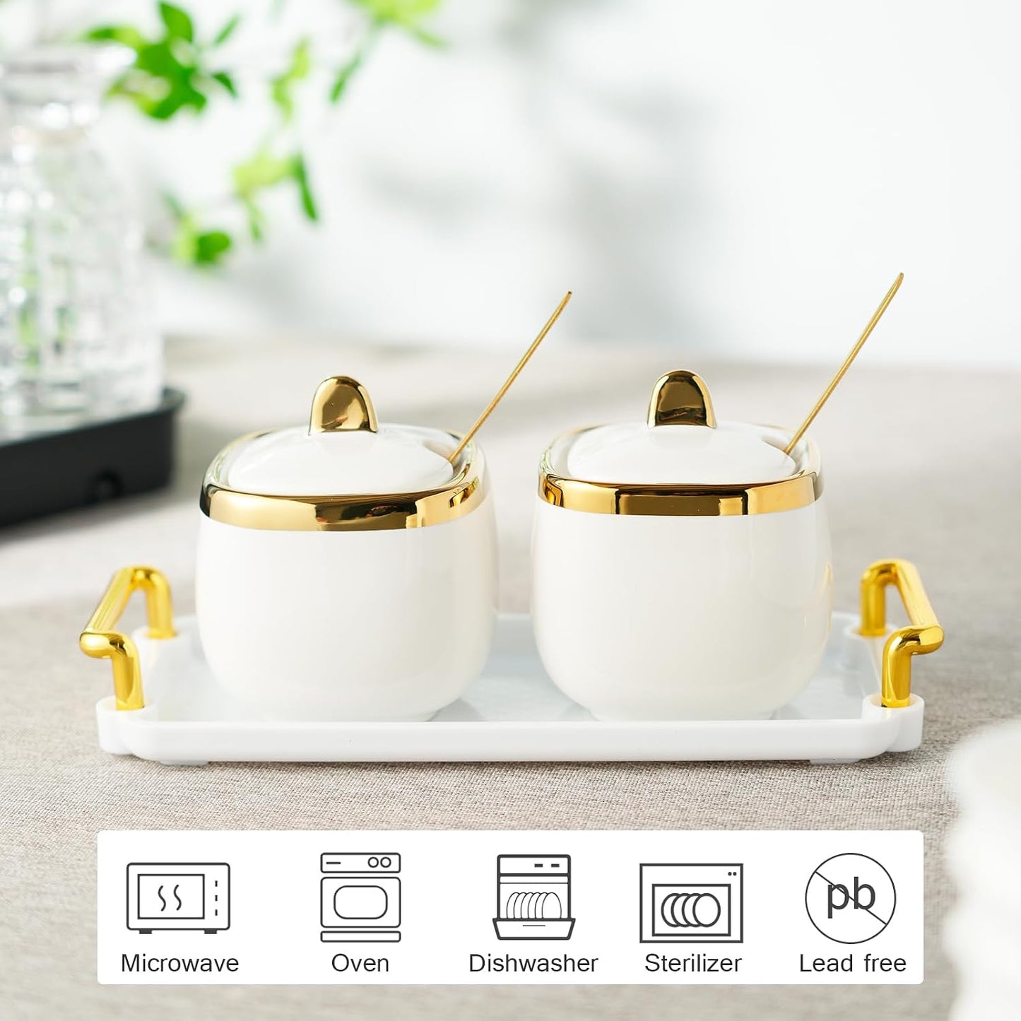 Azucarero cerámica set 2 con bandeja cuchara tapa dorado