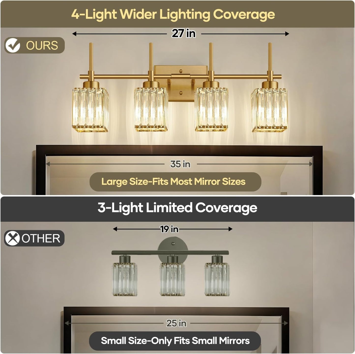 Lámpara baño cristal 4 luces dorado cepillado aplique latón
