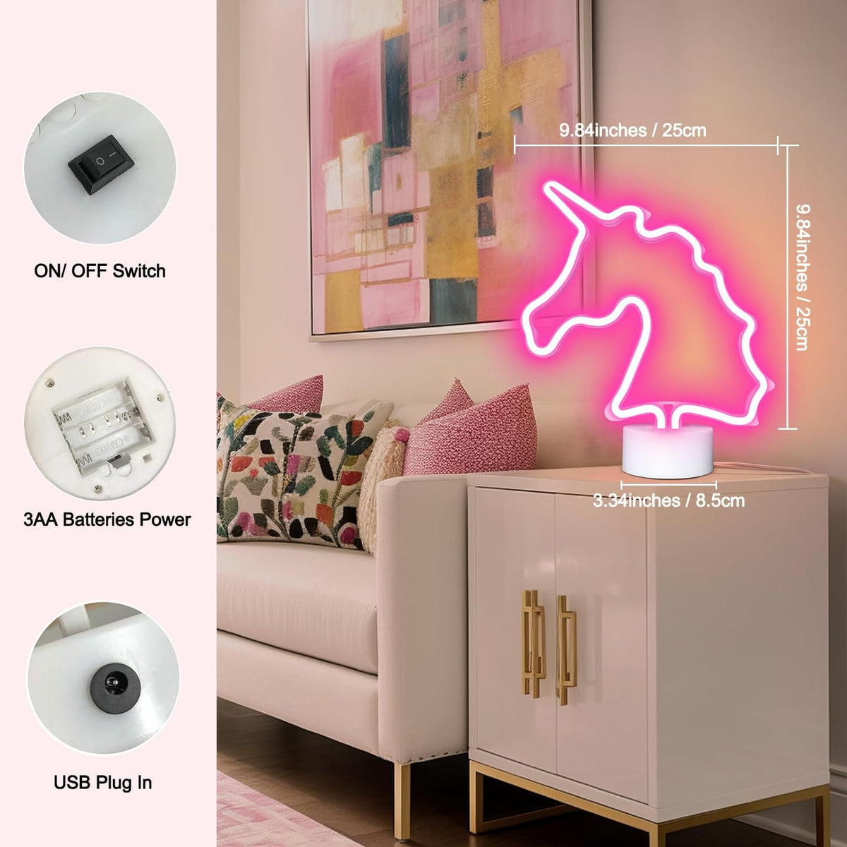 Letrero neón unicornio rosa con soporte USB y pilas para niñas