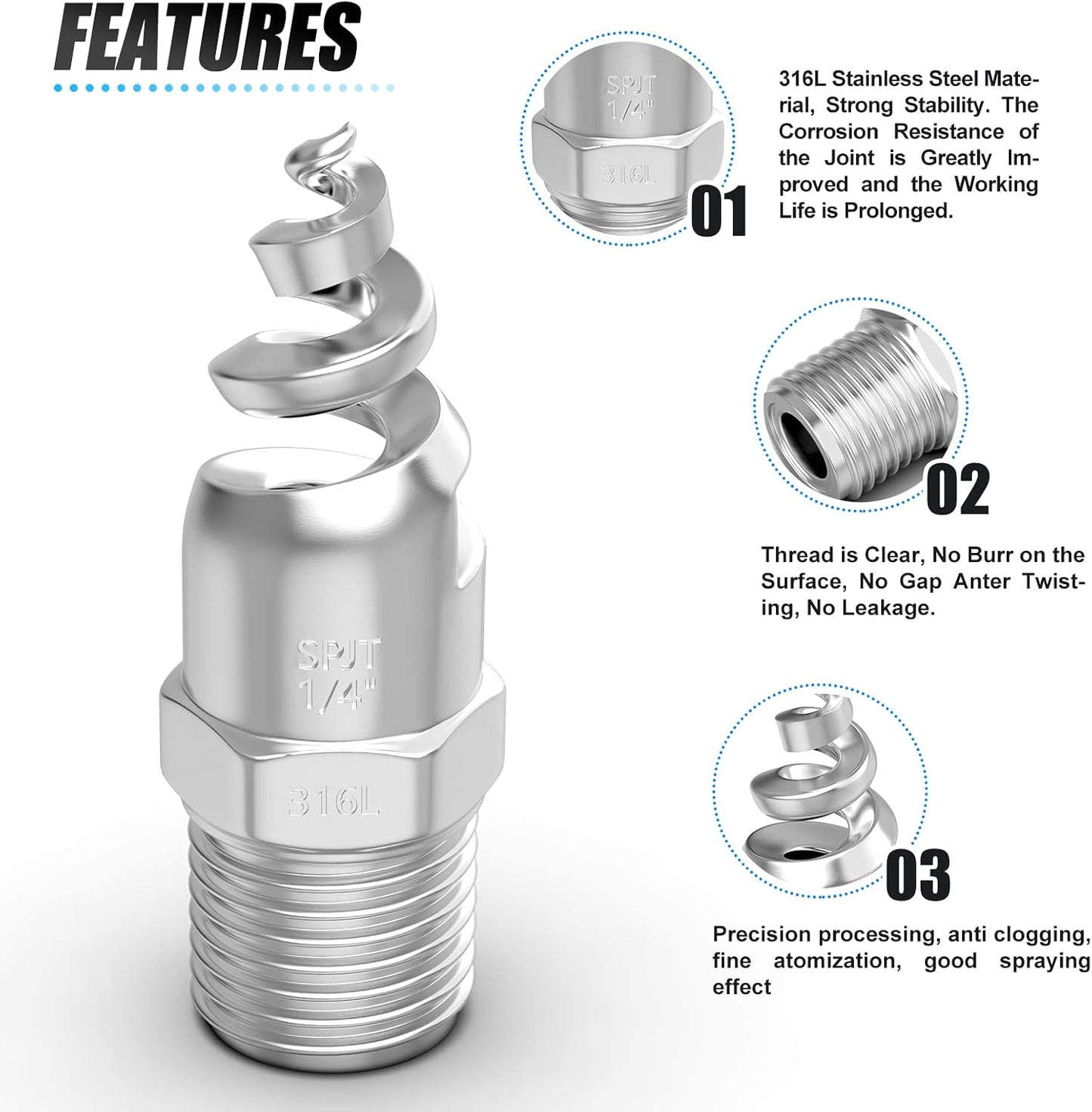 Boquilla atomización cono espiral acero inox 316 para polvo y riego