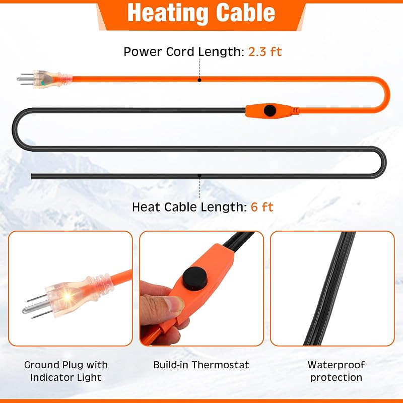 Cable calefactor tubo 6ft termostato fibra vidrio 32ft