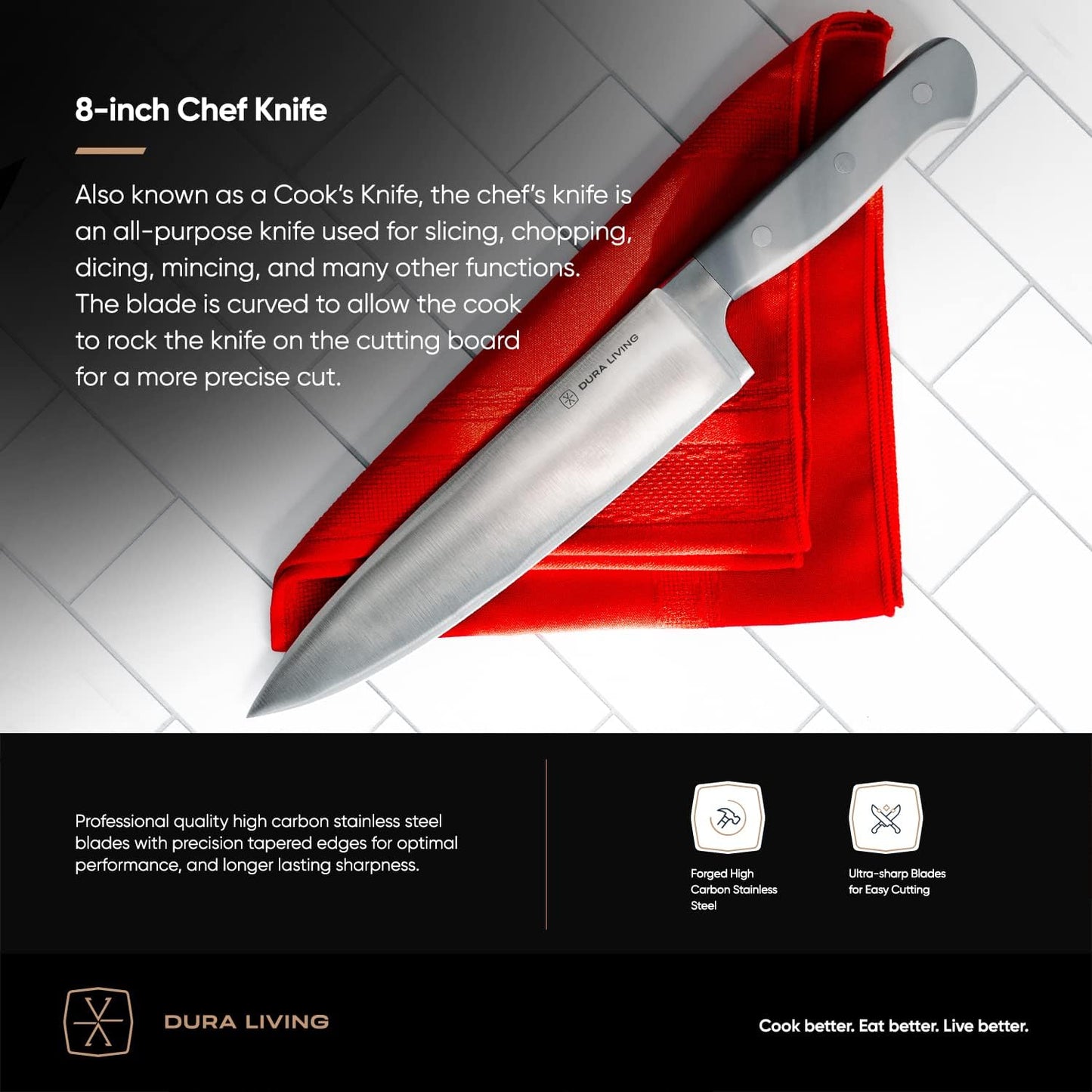 Cuchillo chef 8pulg acero inox alto carbono afilado gris