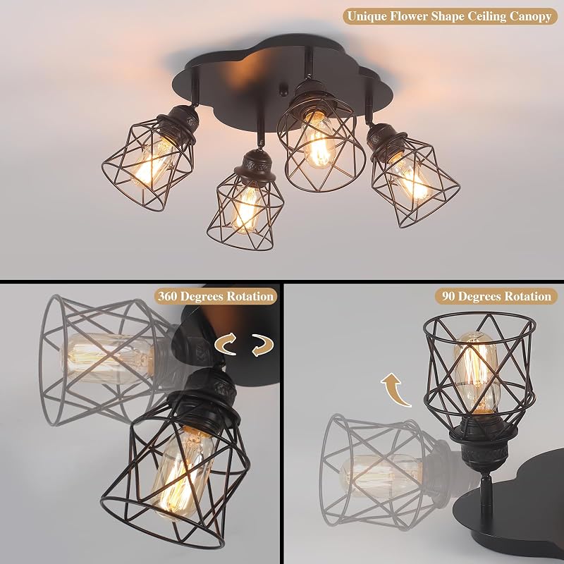 Lámpara techo cocina 4 luces negra ajustable estilo vintage