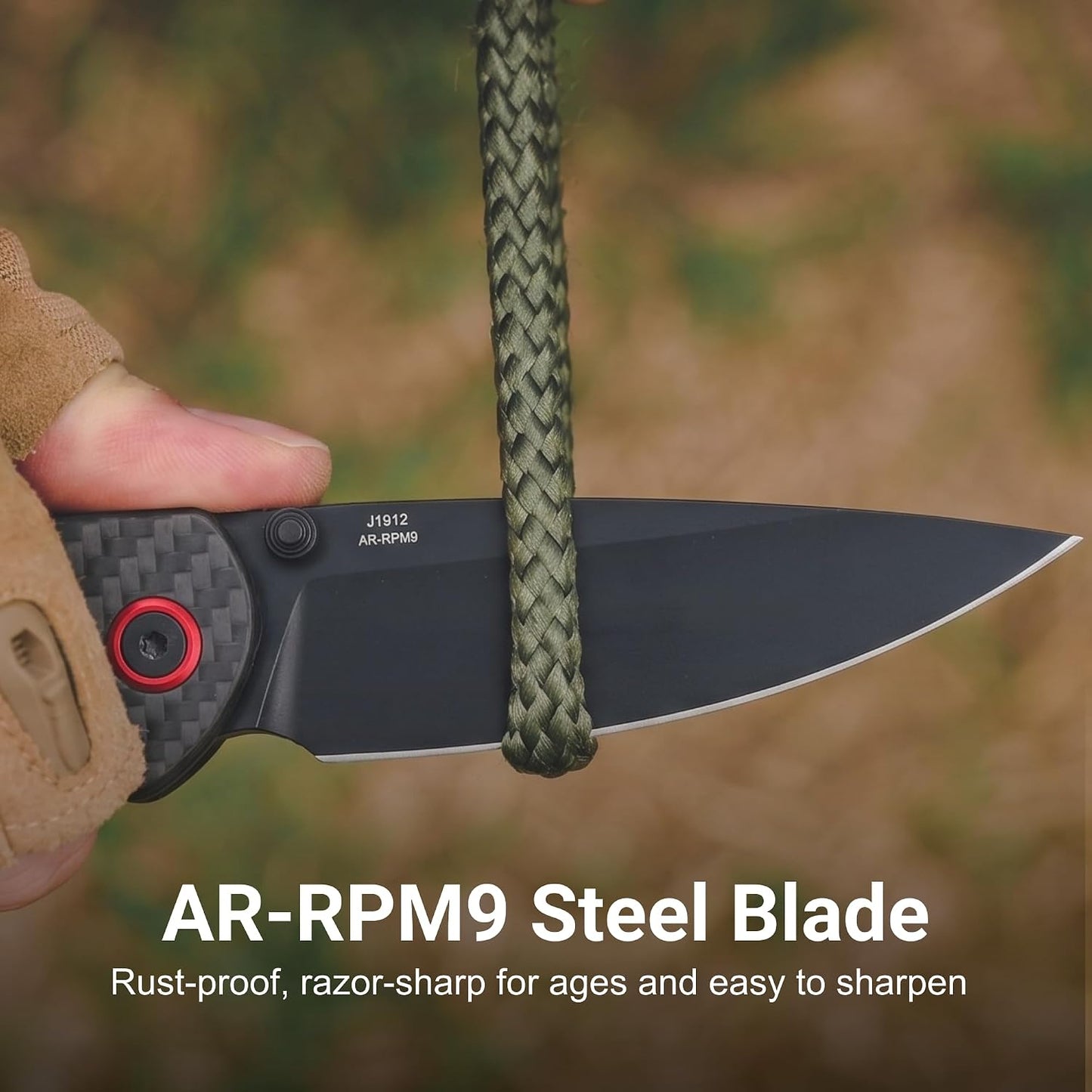 Cuchillo EDC acero en polvo negro PVD fibra carbono