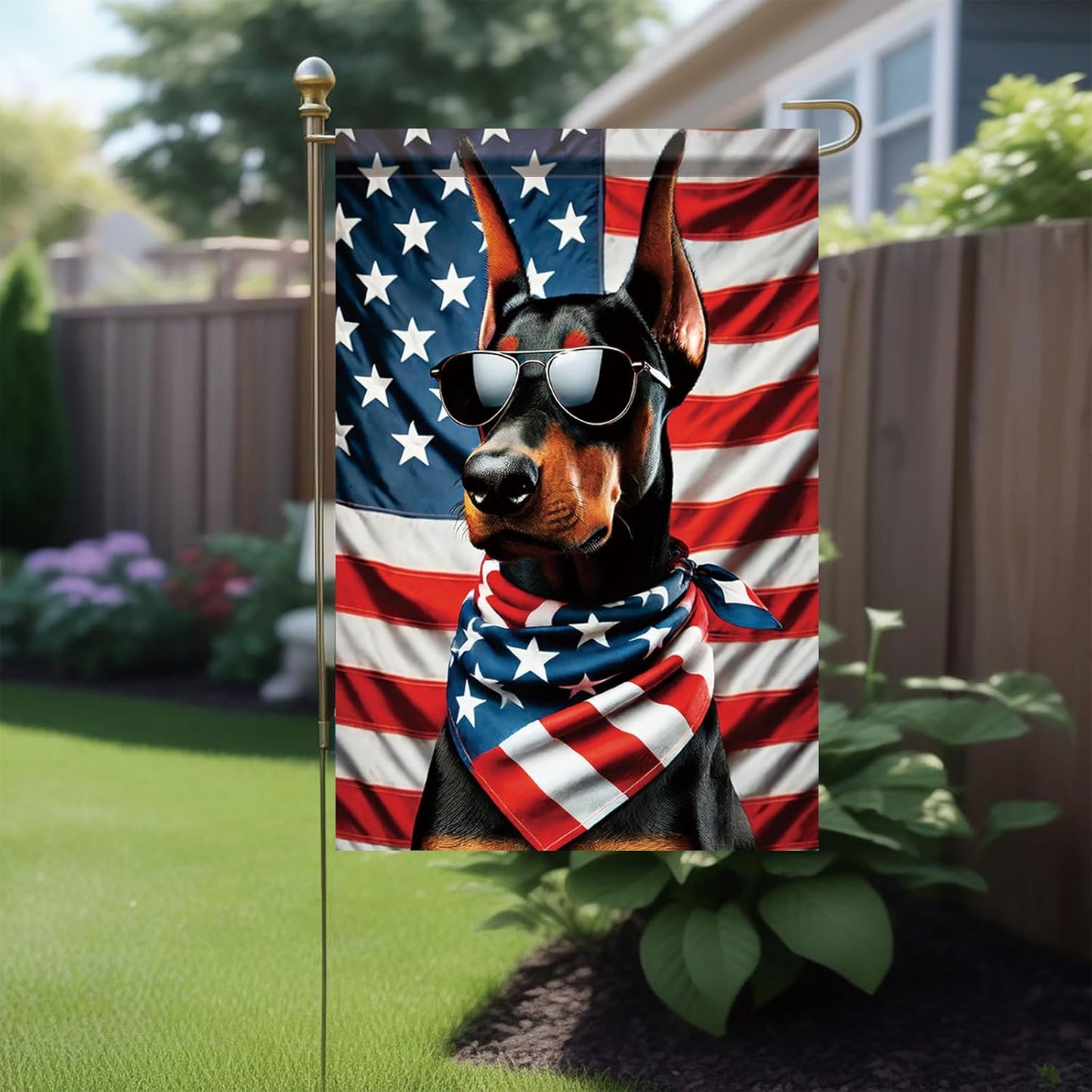 Bandera patriótica Doberman para jardín 4 de Julio