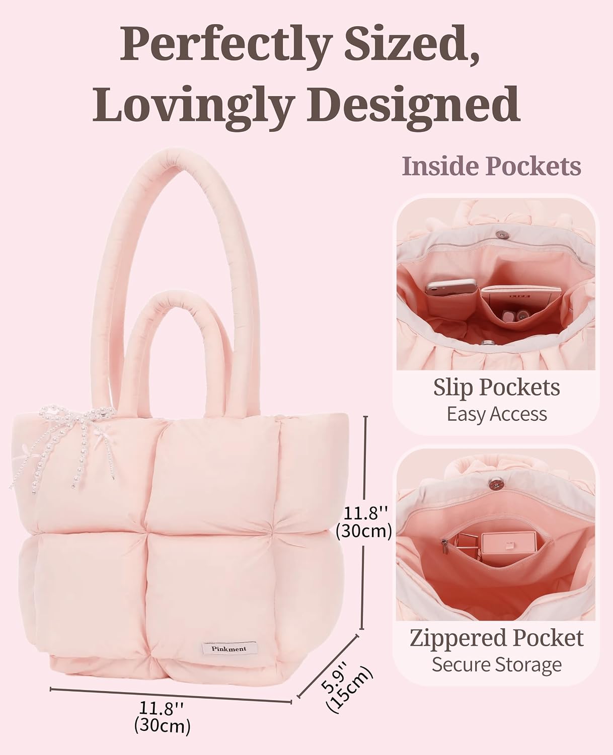 Bolsa acolchada con dije lazo estilo coreano para mujer