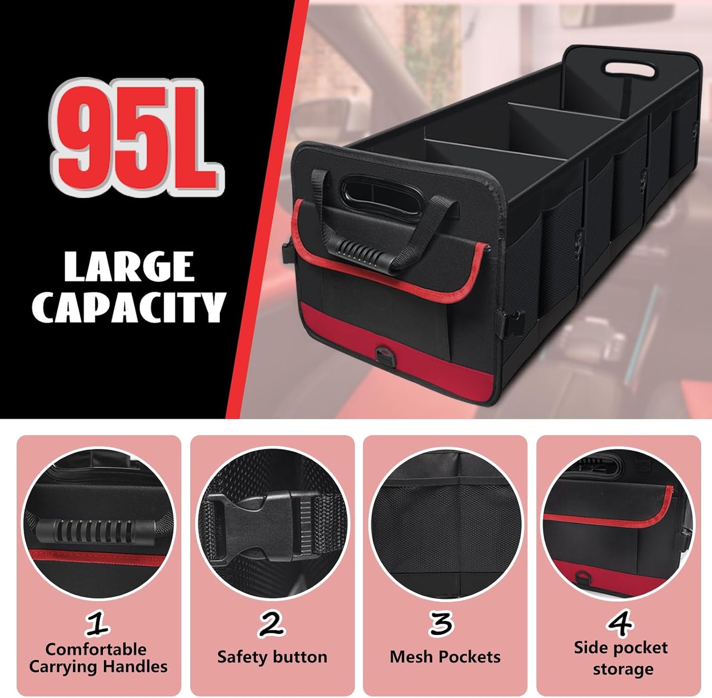 Organiz. maletero auto 95l plegable con bolsillos y correas