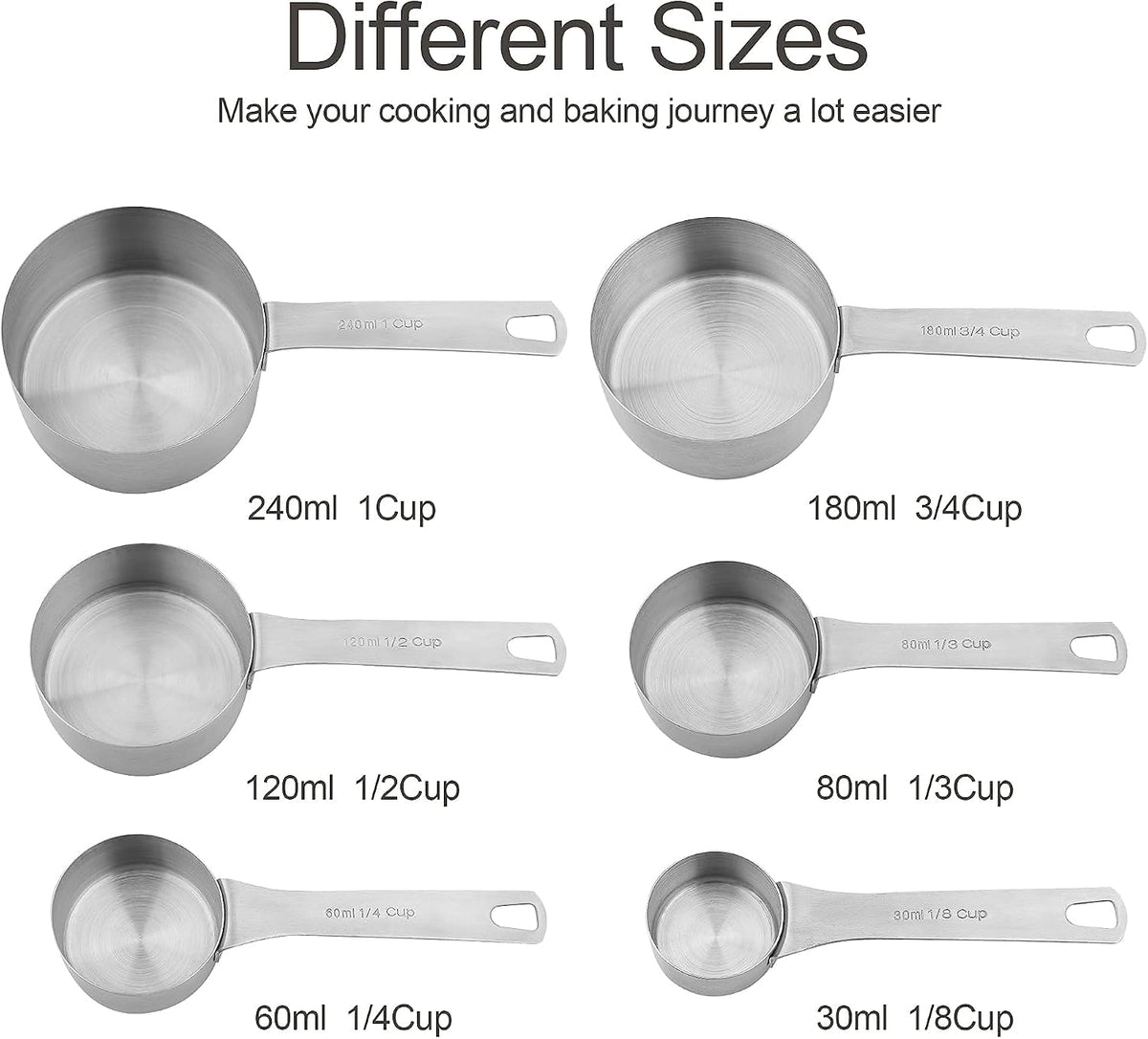 6 Tazas Medidoras Acero Inox 18/8 para Cocina y Hornear