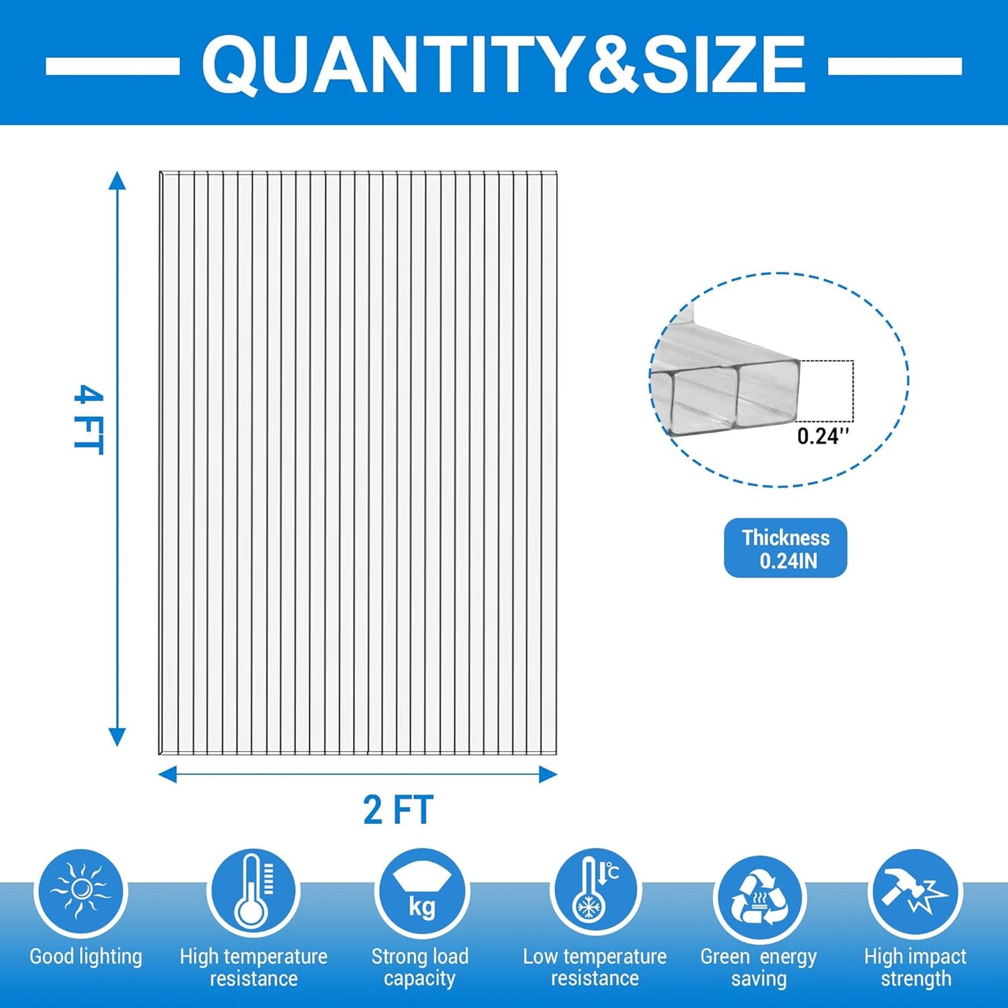 6 Paneles Policarbonato Doble Capa 48x24pulg Exteriores UV