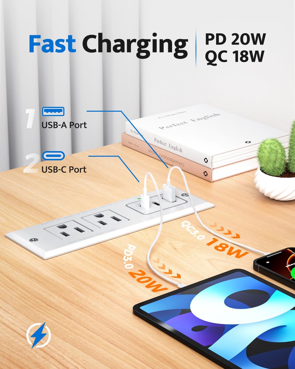 Tira alimentación empotrada con USB C 20W y USB A para mesa