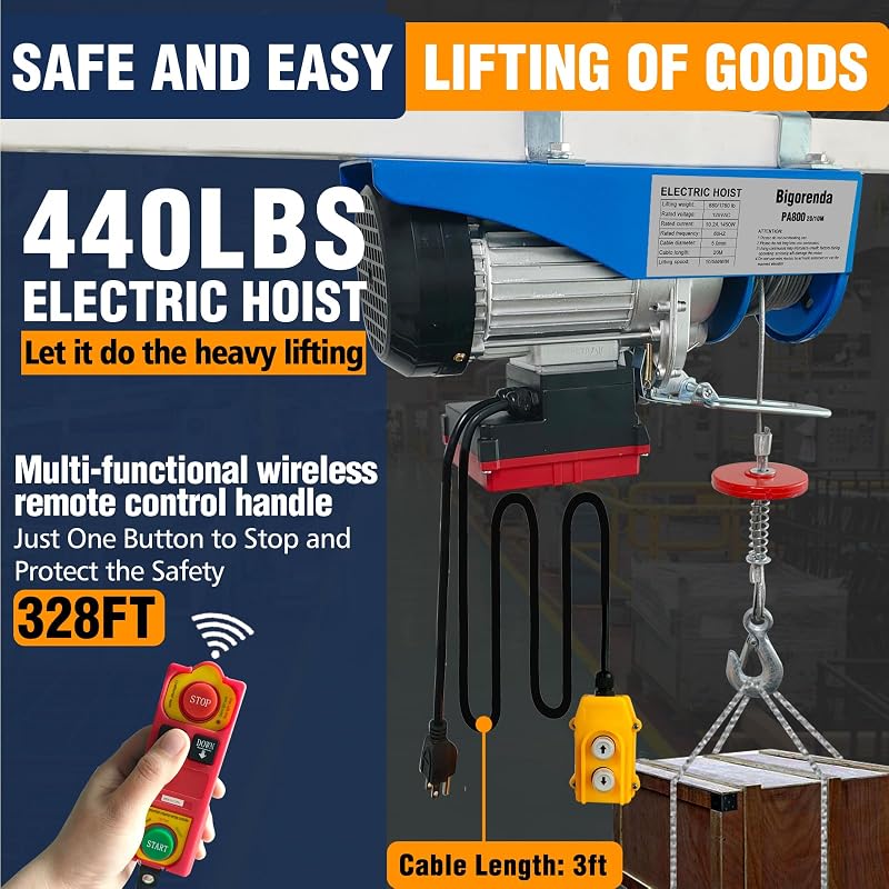 Polipasto eléctrico 2en1 440lb 110V control remoto 65.6 ft