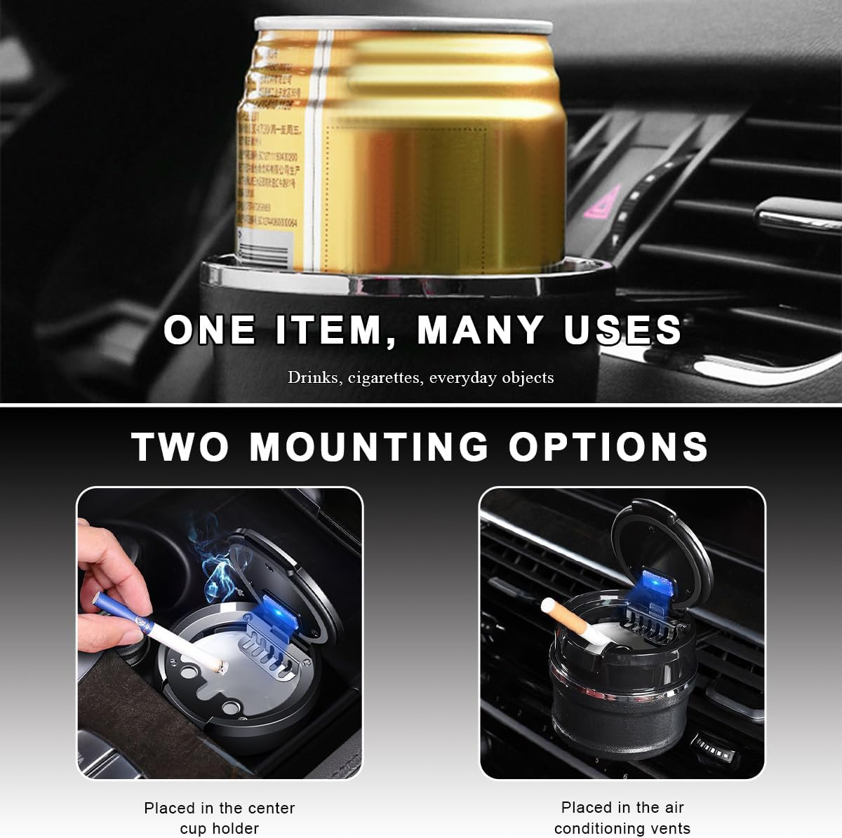 Cenicero auto con luz LED azul desmontable para portavasos
