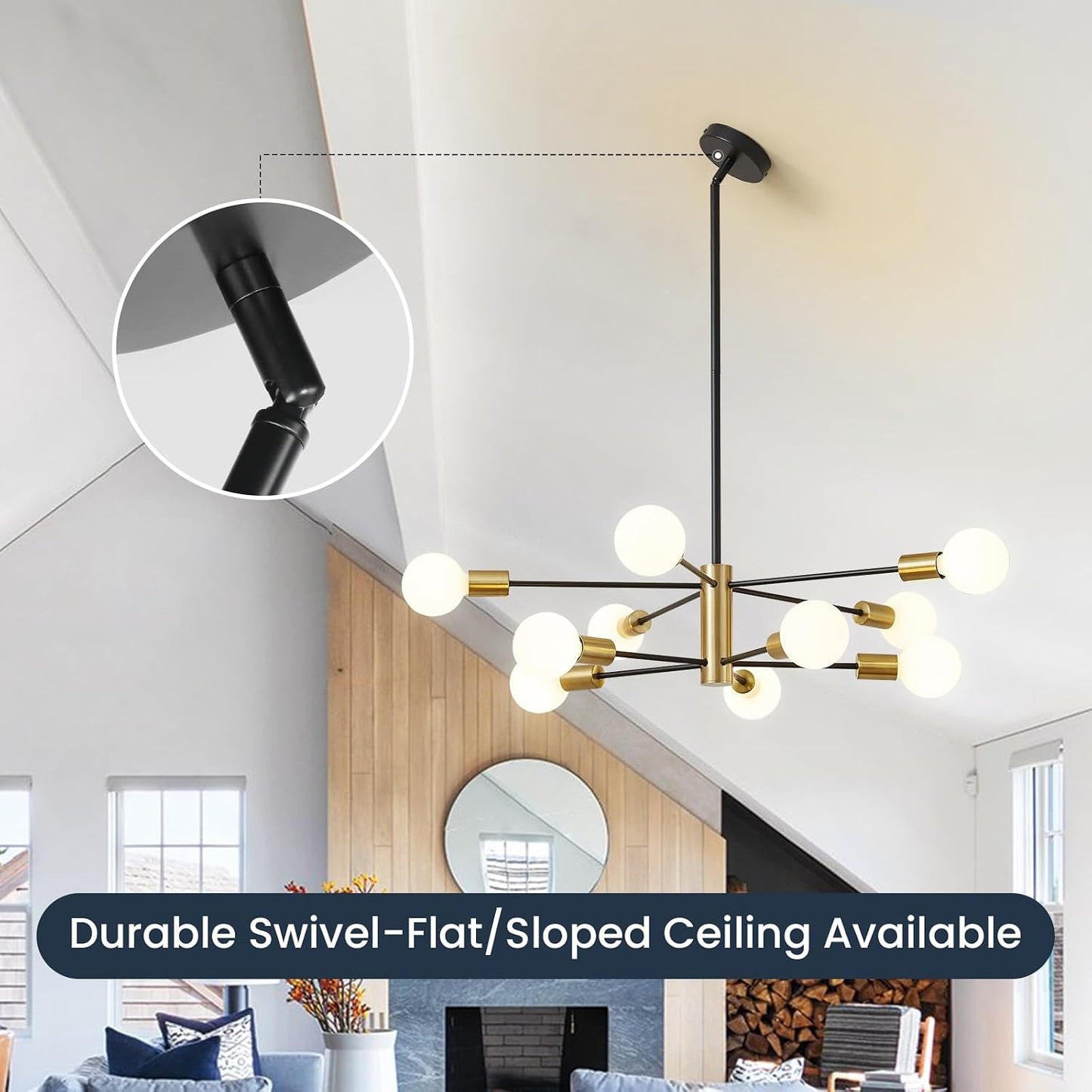 Candelabro Sputnik 10 Luces Negro Dorado Estilo 50s