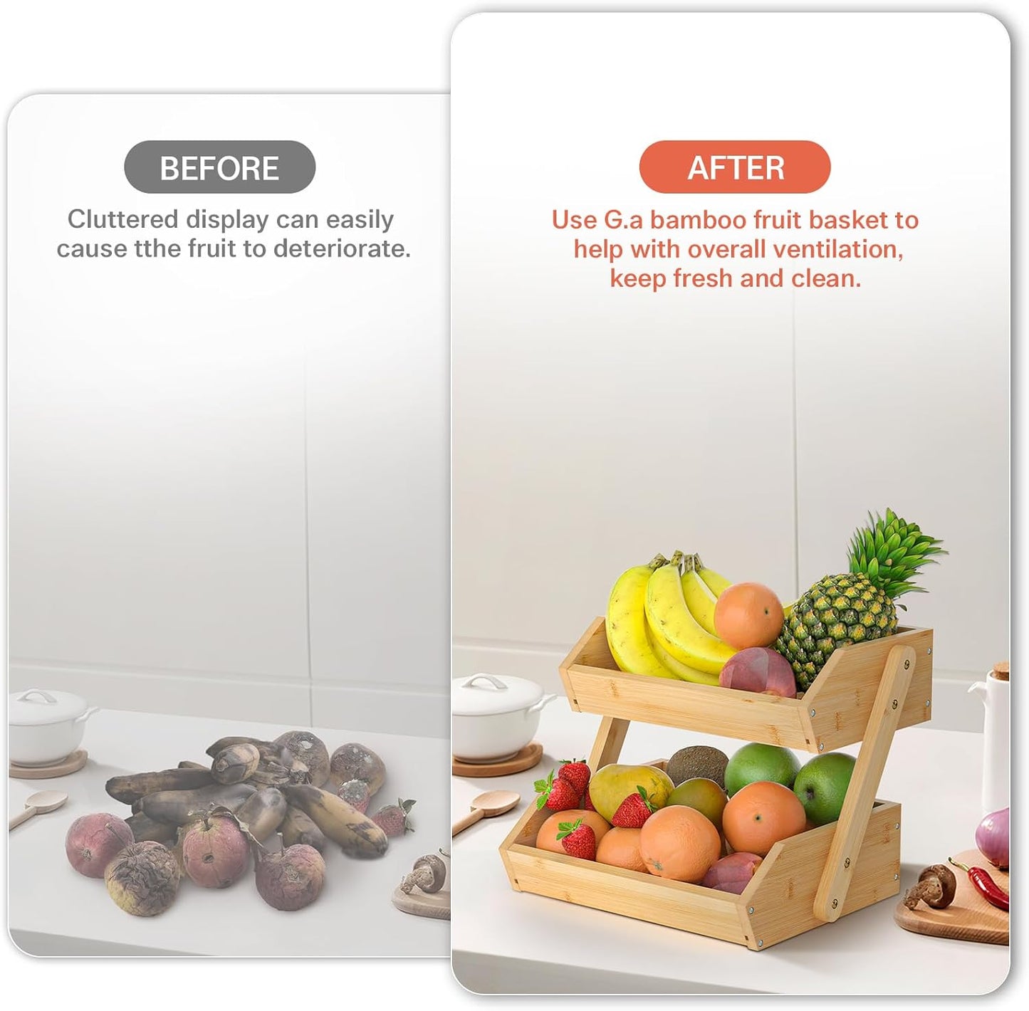 Cesta frutas bambú 2 niveles soporte almacenamiento cocina