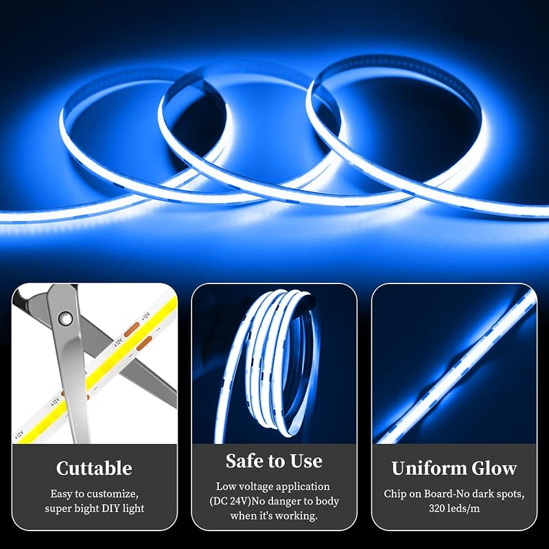 Tira Luz LED COB Azul 32.8ft 8mm CRI 93 para Dormitorio