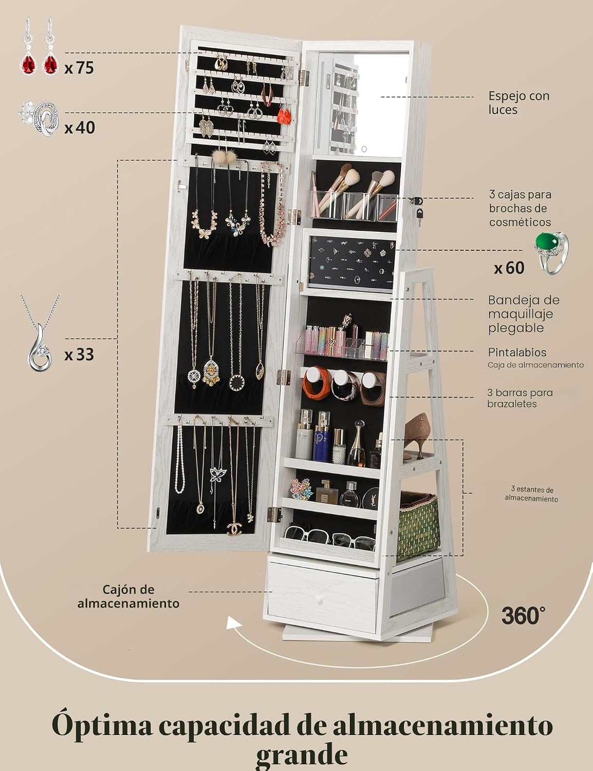 Armario joyería giratorio con luces y espejo táctil