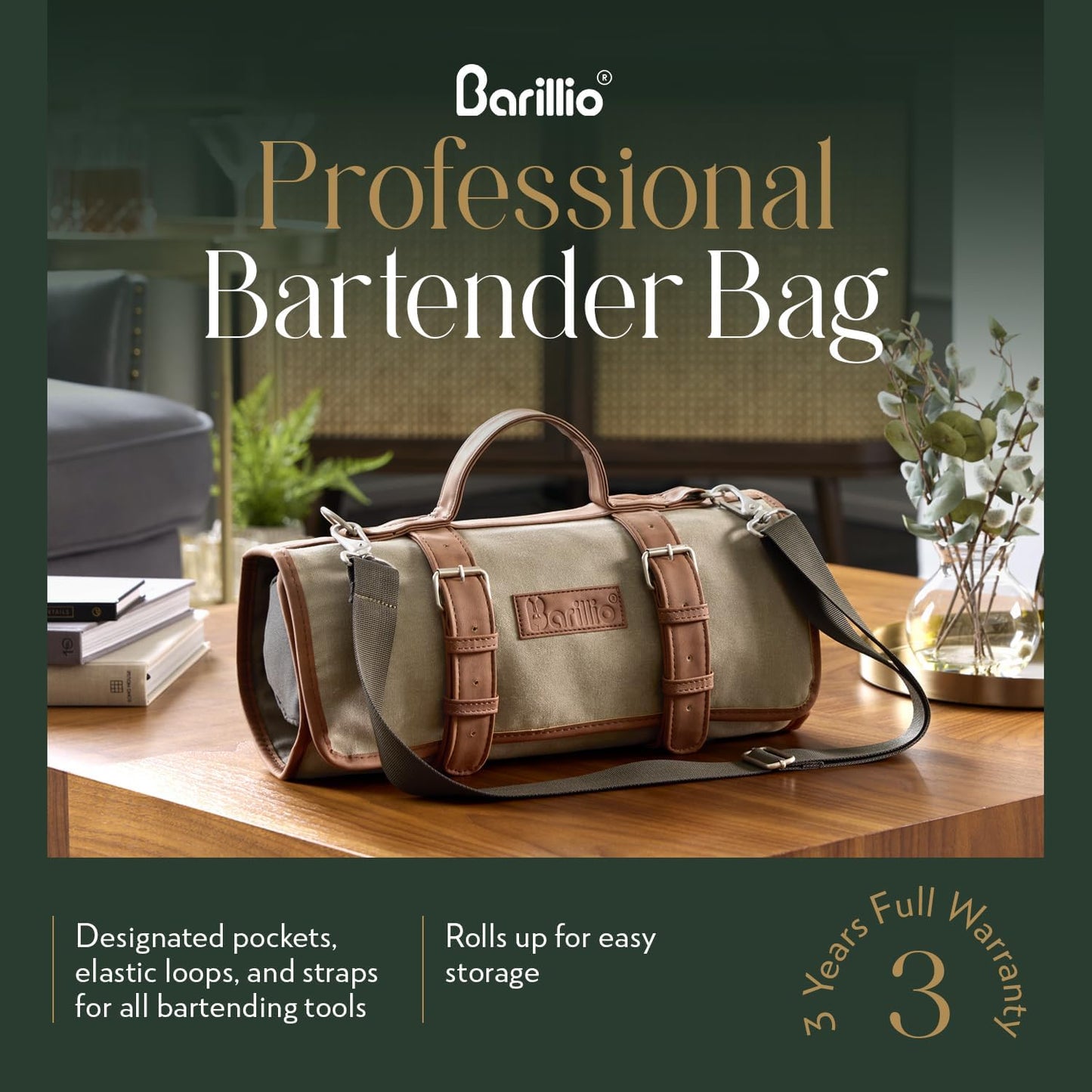 Bolsa barman lona encerada enrollable con correa hombro