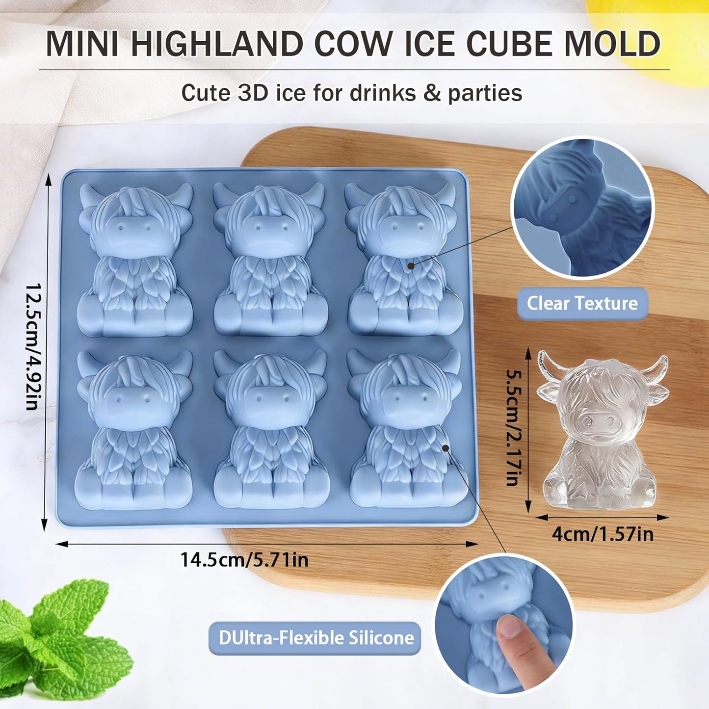 Molde cubos hielo vaca 3D reutilizable para fiesta