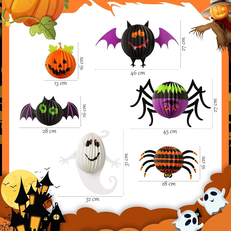 6 Faroles Halloween 3D Panal Abeja Murciélago Calabaza Plegable