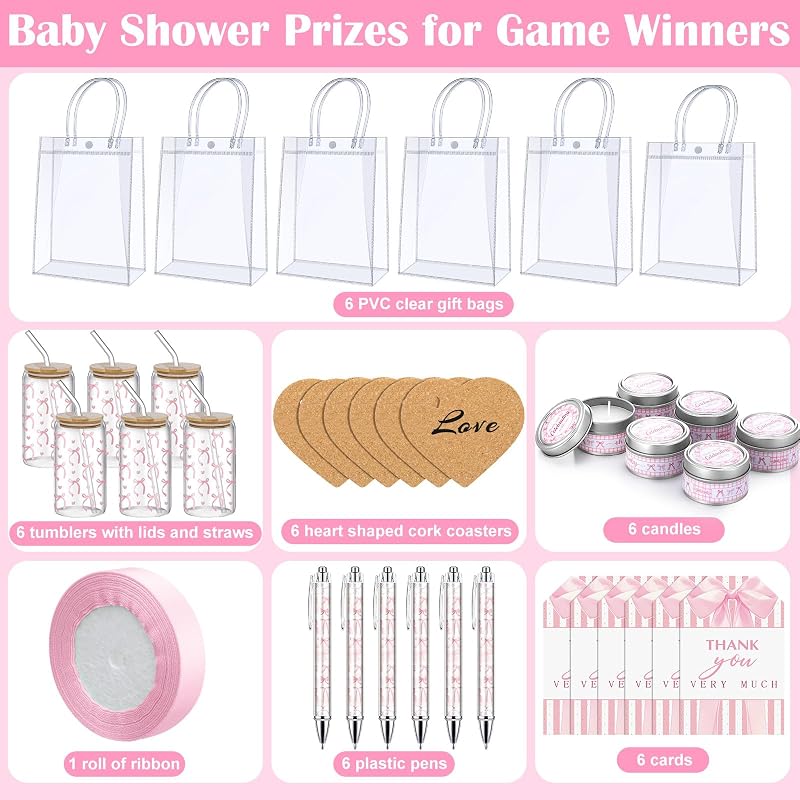 6 Set de Premios Baby Shower con Lazo Rosa para Niñas