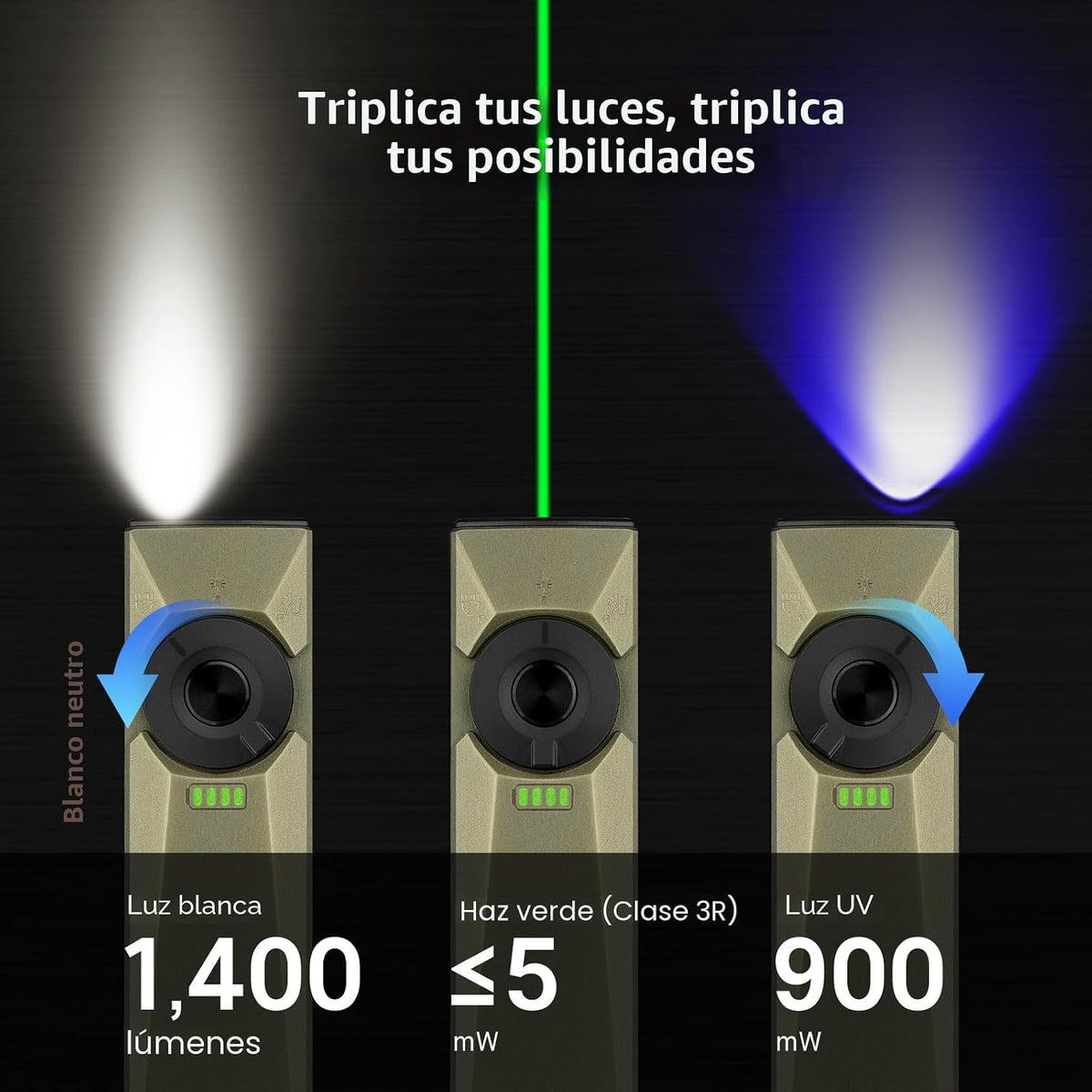Linterna EDC 1400lúmenes LED blanco UV y verde