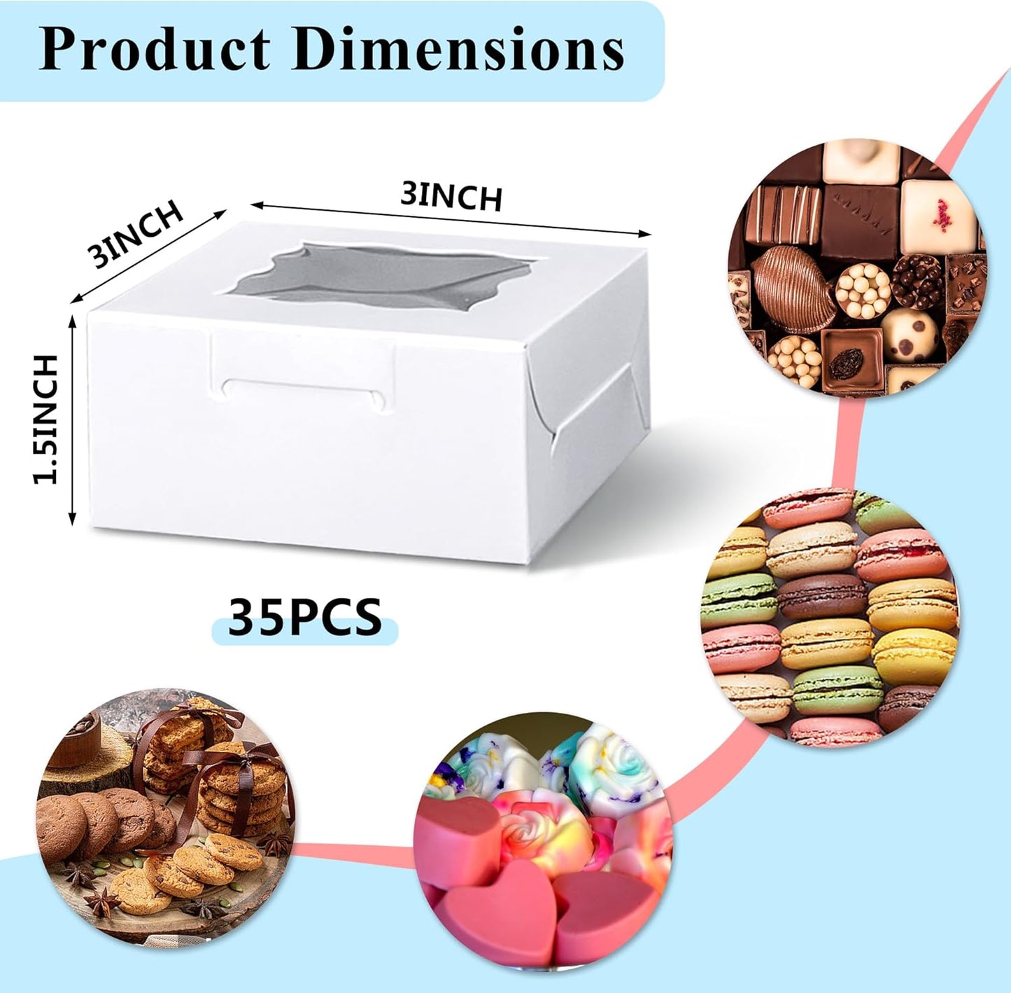 35 Cajas Galletas Blancas 3x3x1.5pulg Ventana Mini Donas Bodas