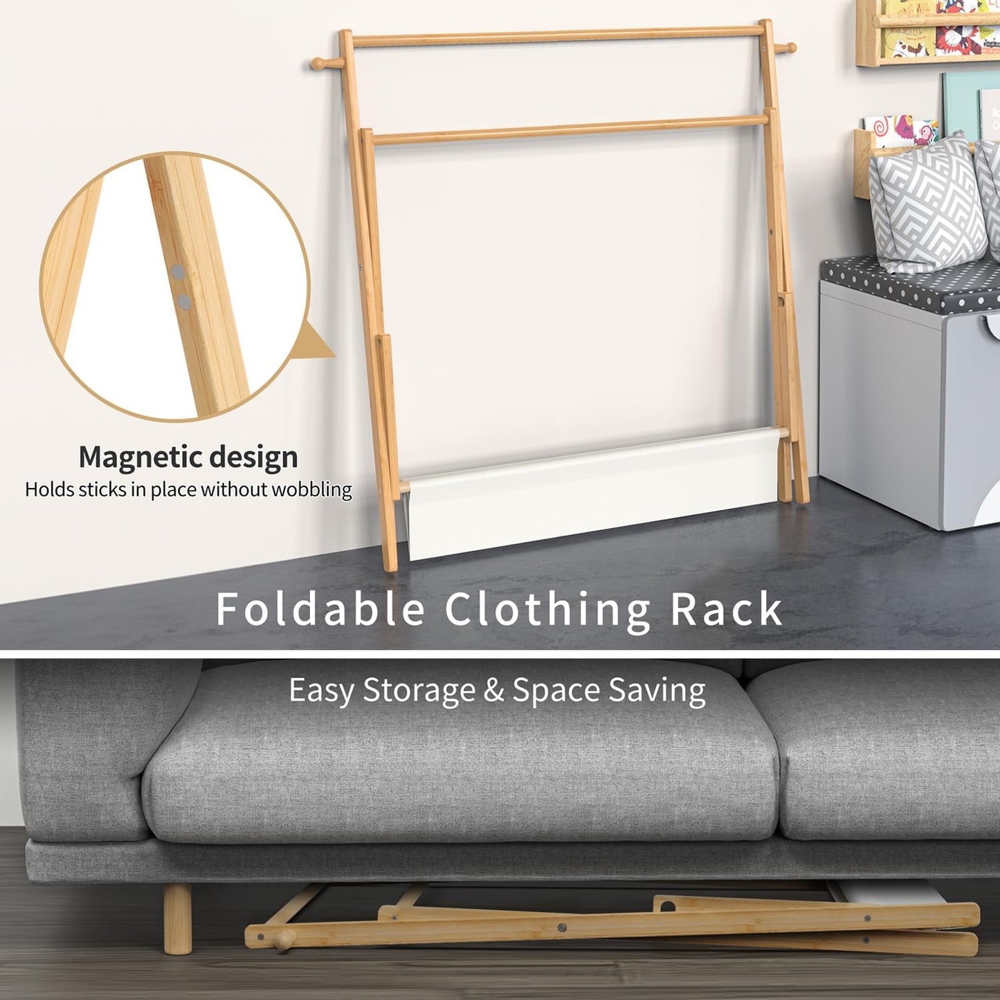 Perchero ropa niños con estante 100% bambú plegable