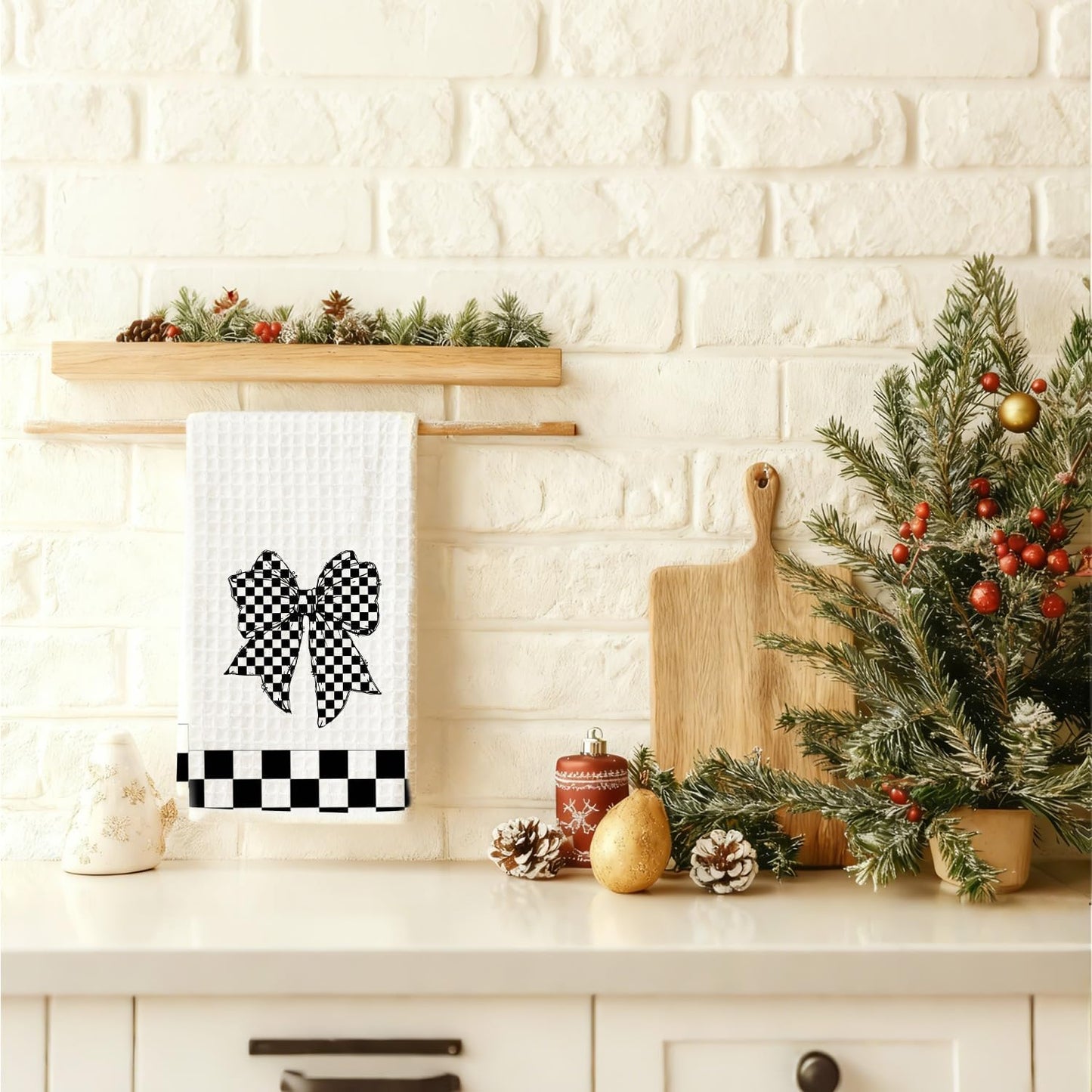 Toallas cocina con lazo cuadros blanco negro 16x24pulg
