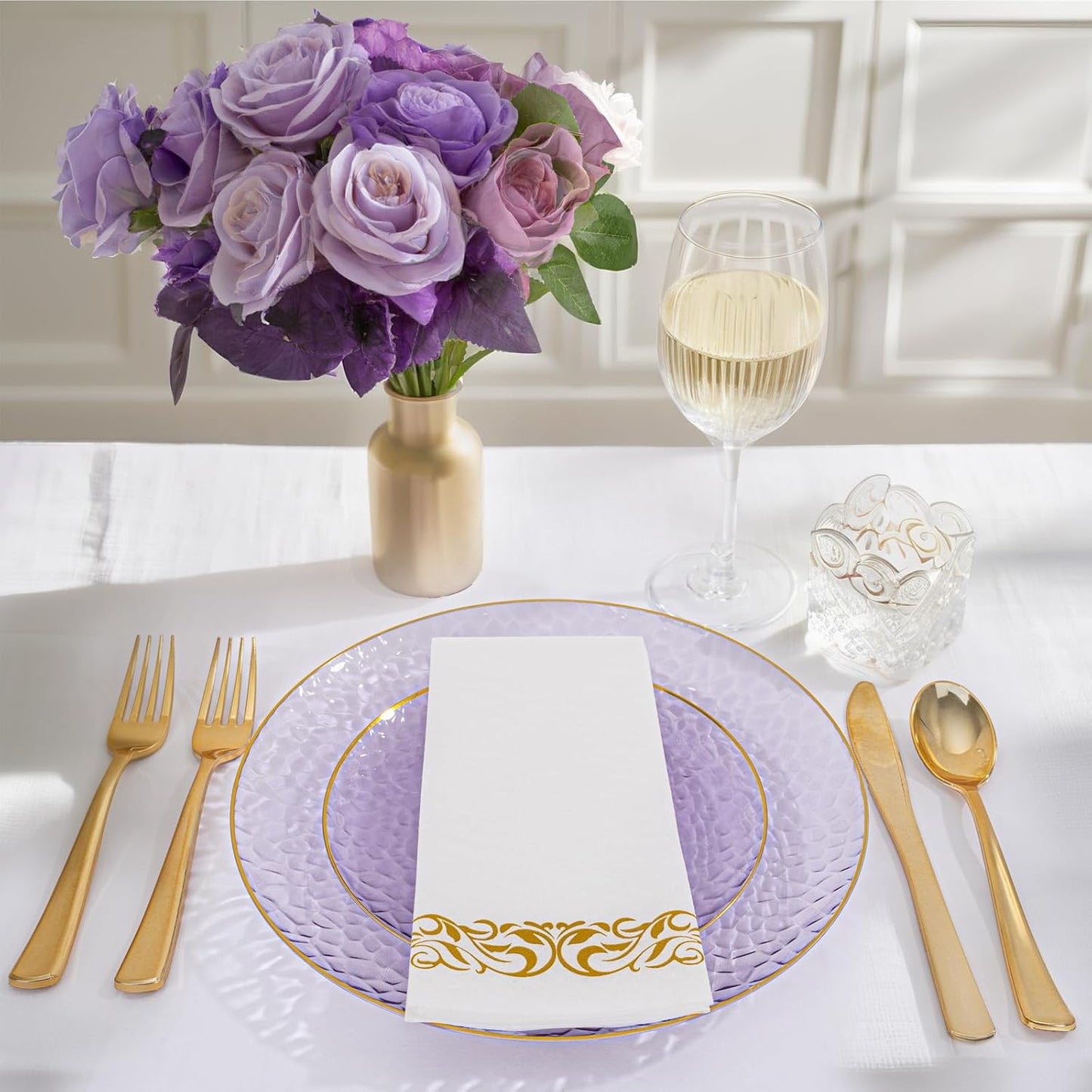 Set vajilla plástico morado 175pzas 25 invitados borde