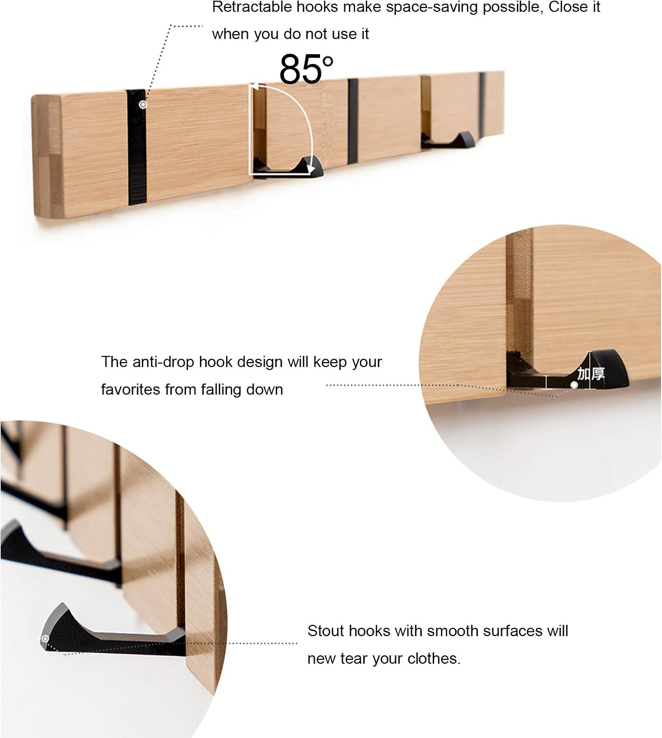 Perchero plegable madera 4 ganchos naturales para pared