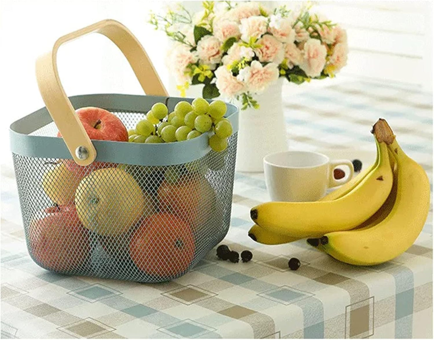 Cesta malla acero colgante cocina baño picnic con mango bambú