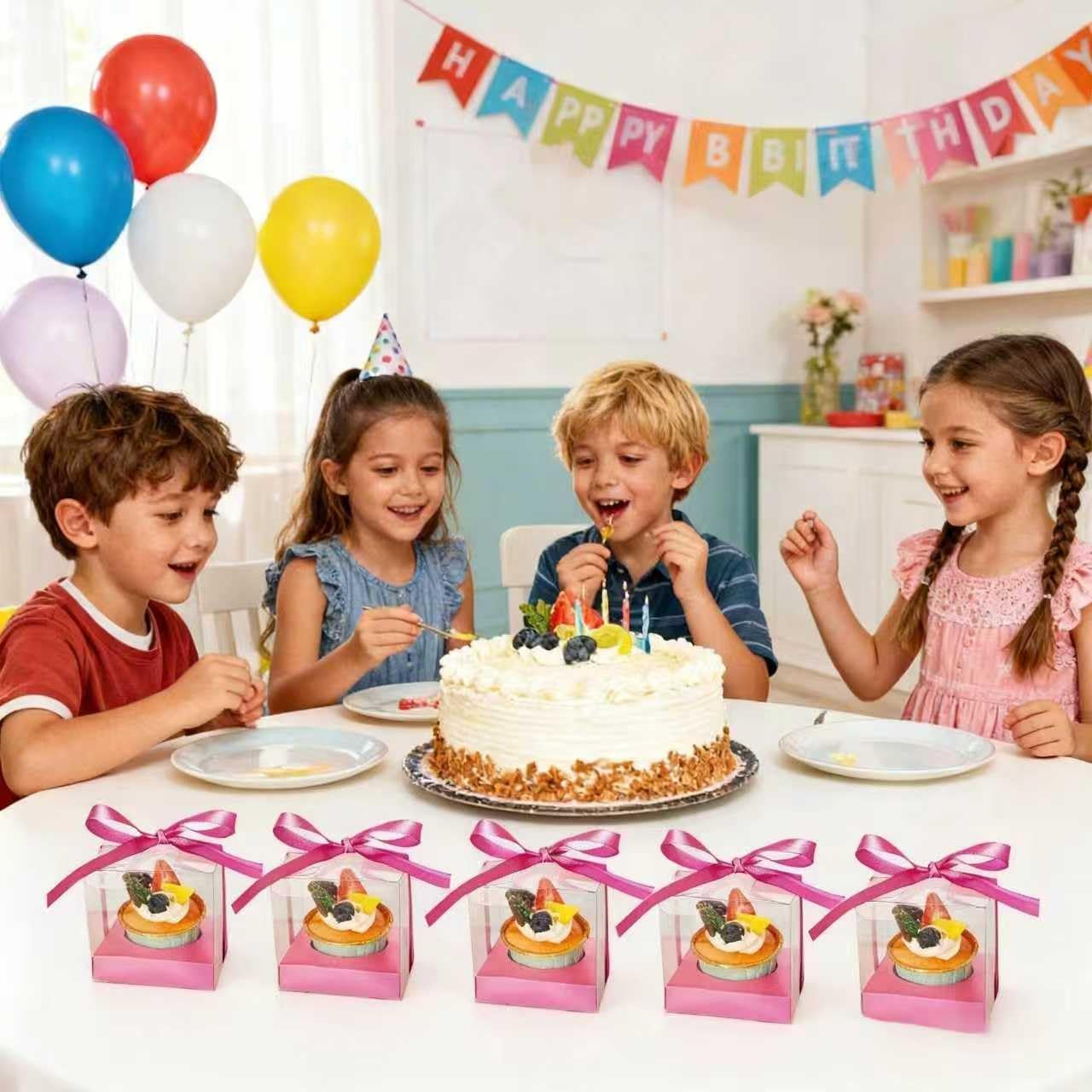 24 Cajas Cupcakes 3.5pulg Con Cinta Transparente Rosa